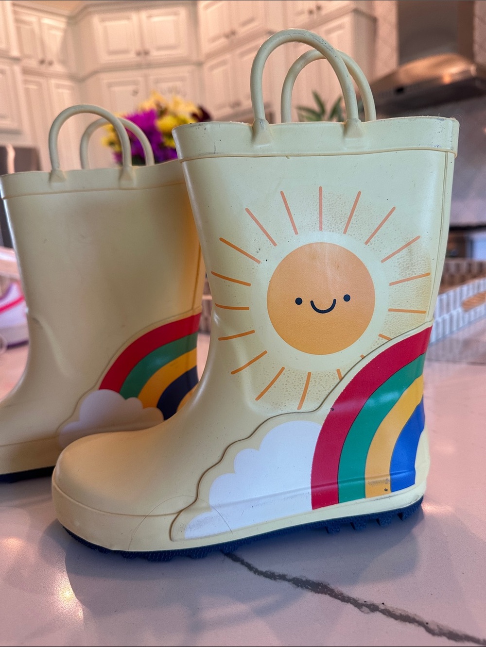 Cat & Jack Yellow Kids Rain Boots with Sun & Rainbow